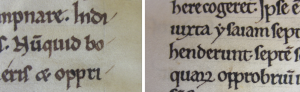 Links pp los van elkaar geschreven (Ms. 19, ca. 1175) en rechts aan elkaar geschreven (Ms. 33, ca. 1200)